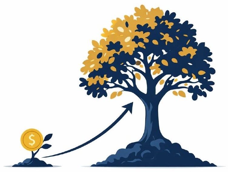 Compound growth — small coin growing into a large tree over time