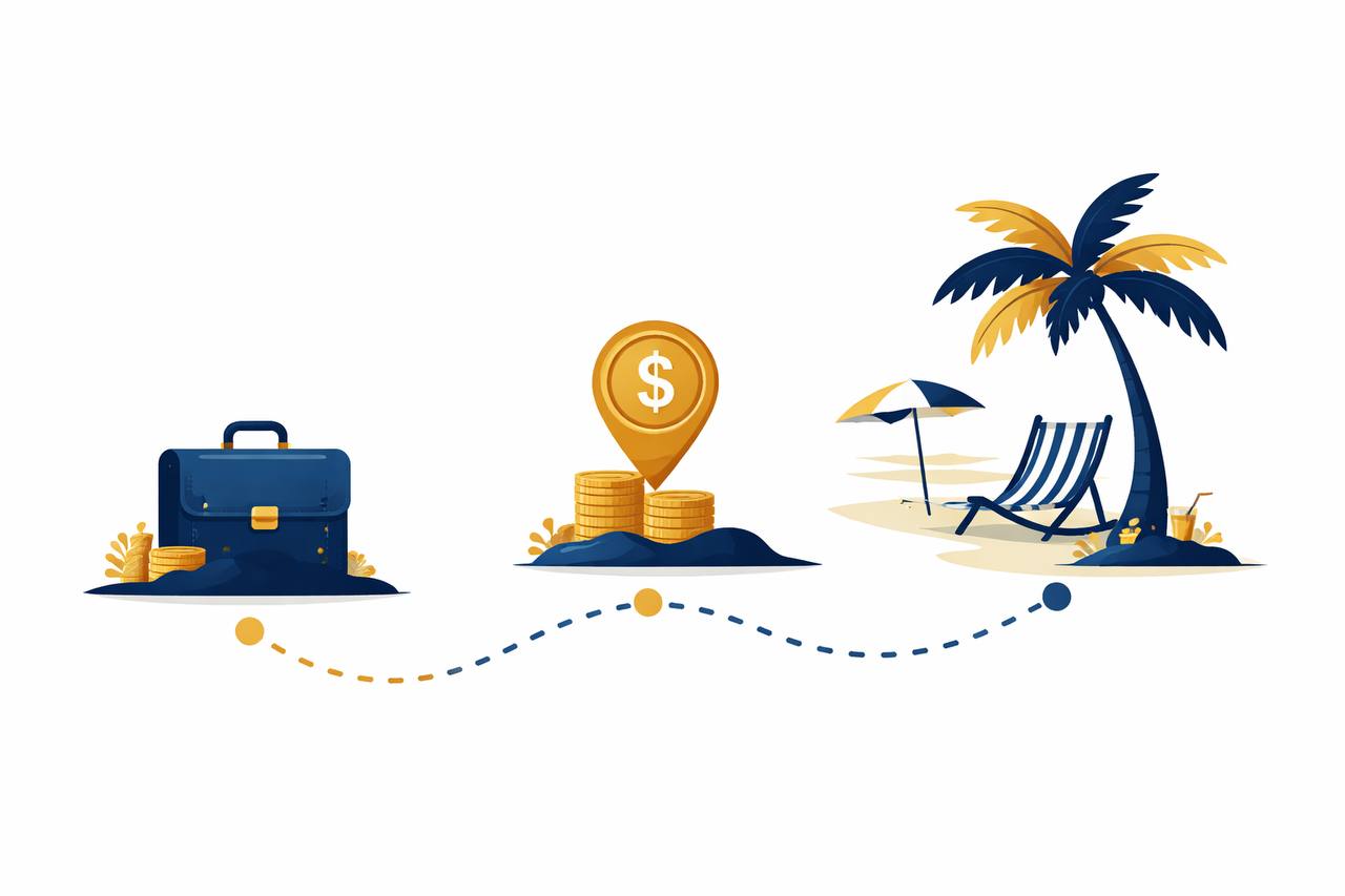 Retirement withdrawal journey from work to beach retirement